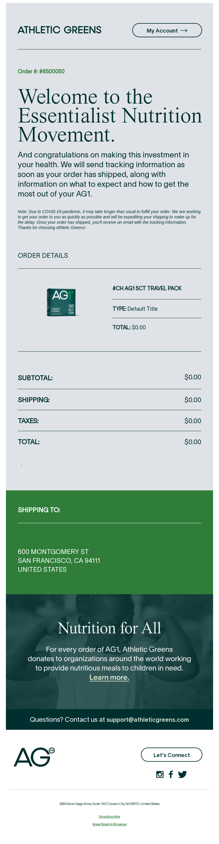Athletic Greens email snapshot