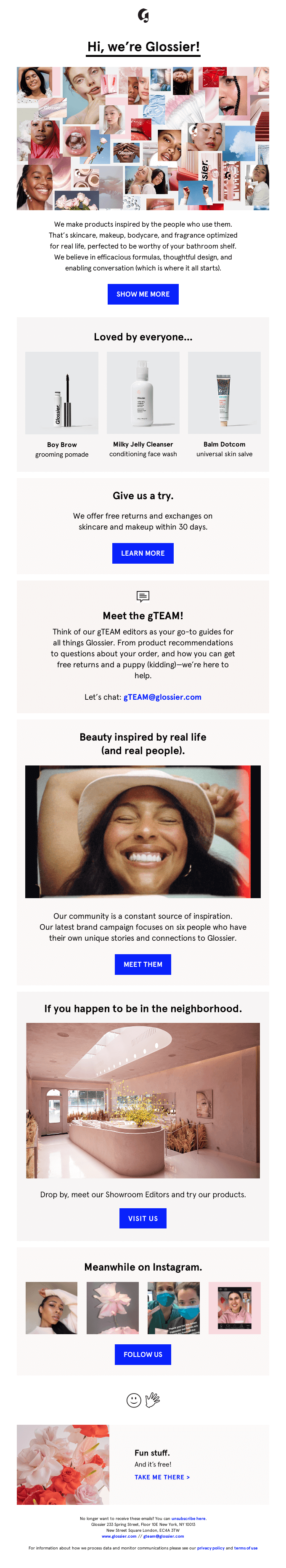 Glossier brand onboarding campaign preview