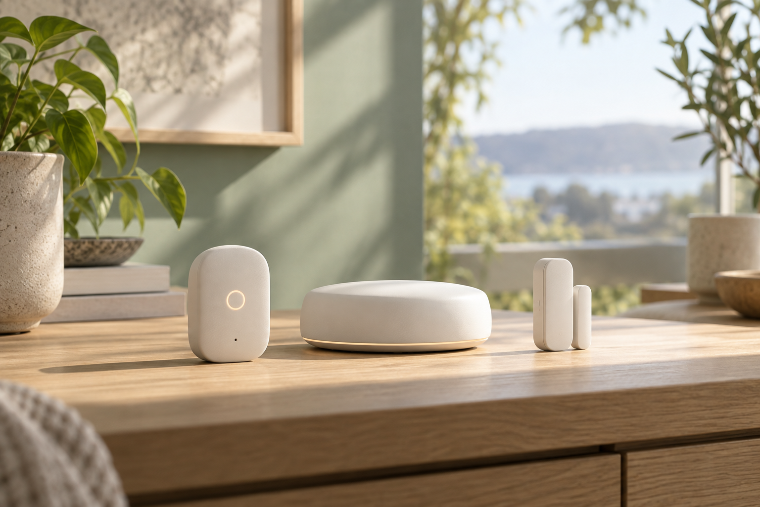 Generated concept home sensors on a sunlit wooden surface