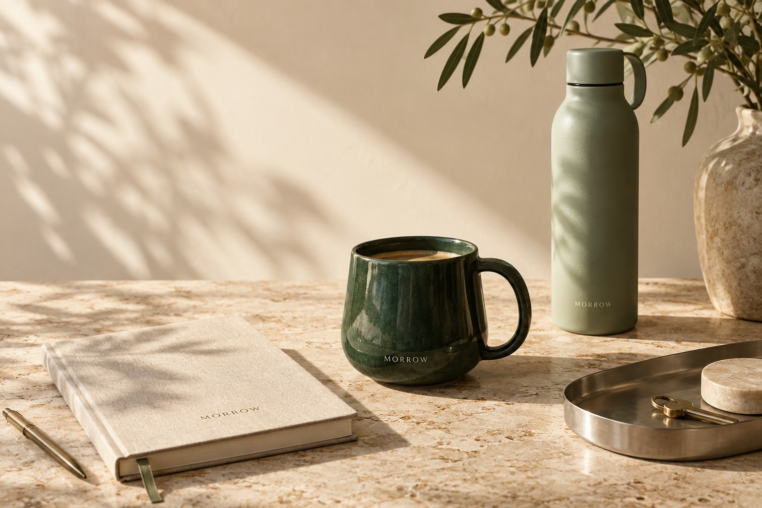 Illustrative Morrow mug, bottle, notebook and desk tray in morning sunlight